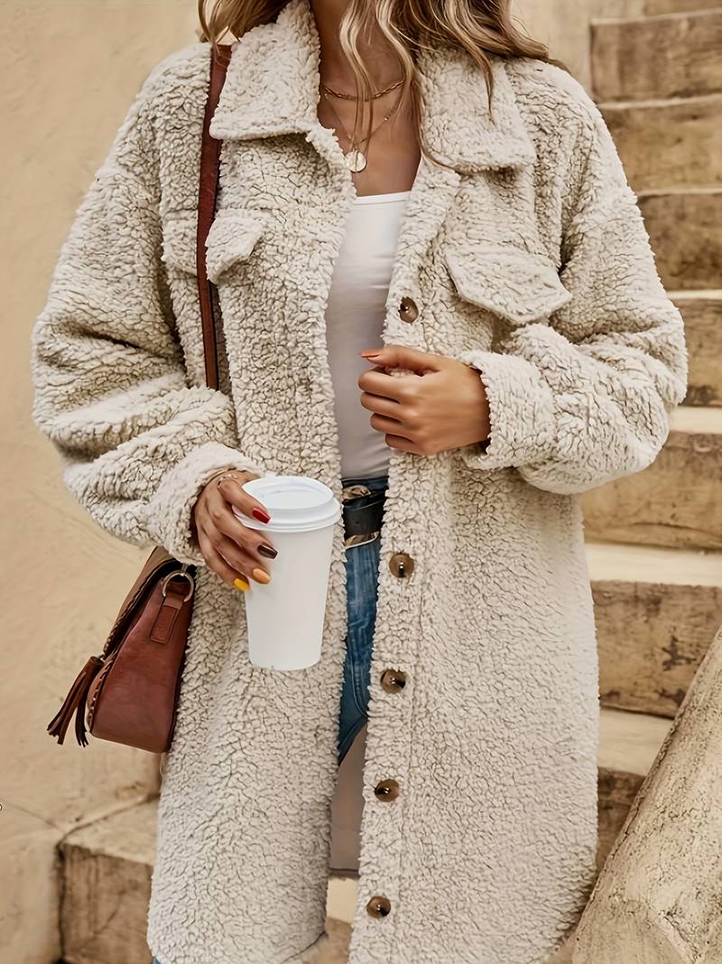 Leah - Button Front Solid Teddy Coat, Casual langærmet vinterovertøj til kvinder